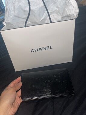 CHANEL Black Camellia Embossed Leather Long Wallet